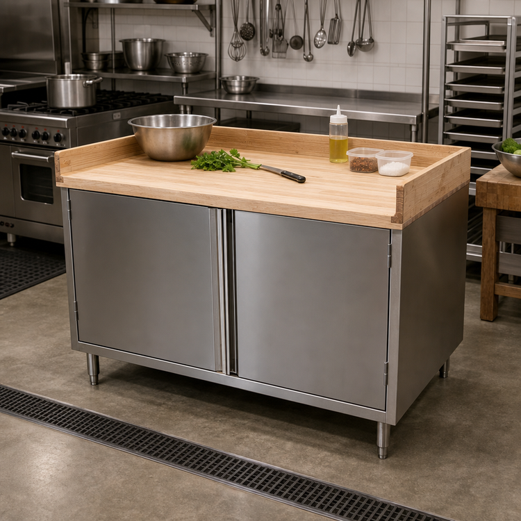 Product image #2 for BK Resources 60-Inch x 30-Inch Hard Maple Chef Table with Stainless Steel Cabinet Base and Hinged Doors