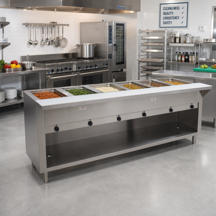 Product image #2 for Advance Tabco Triumph Supreme Electric 6-Well Open-Well Hot Food Table with Enclosed Base, Stainless Steel, 208/240V