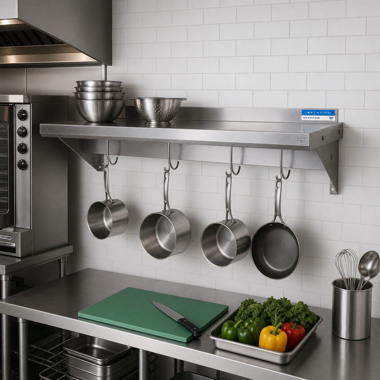 Product image #2 for BK Resources 60-Inch x 16-Inch Wall-Mounted Economy Stainless Steel Pot Rack Shelf