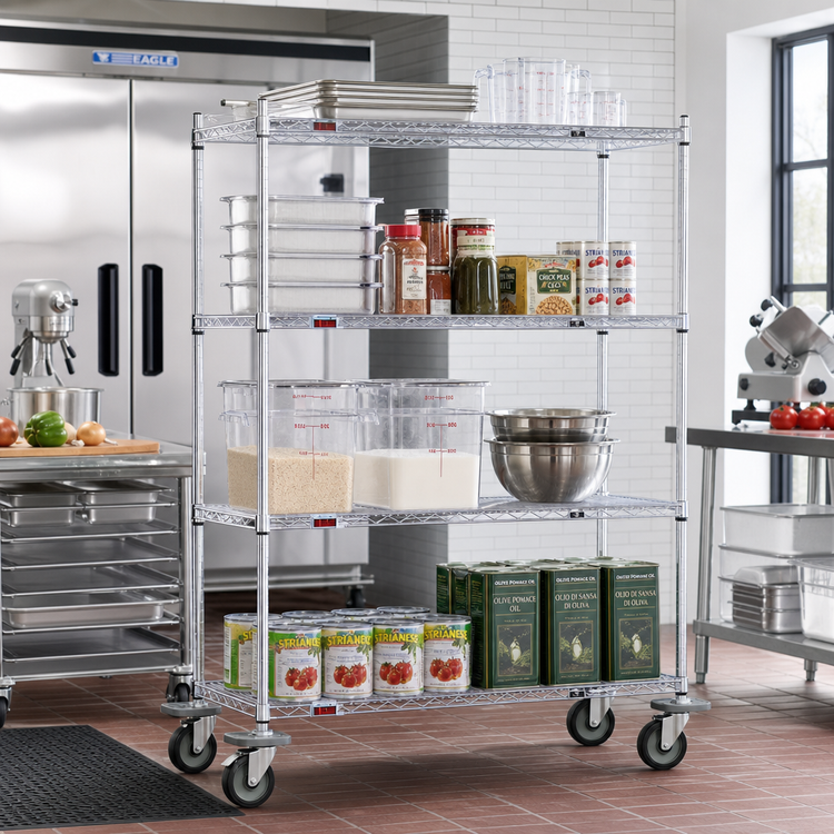 Product image #2 for Eagle Group 4-Tier 48"W x 21"D Chrome Wire Shelving Dolly Truck with Poly Casters