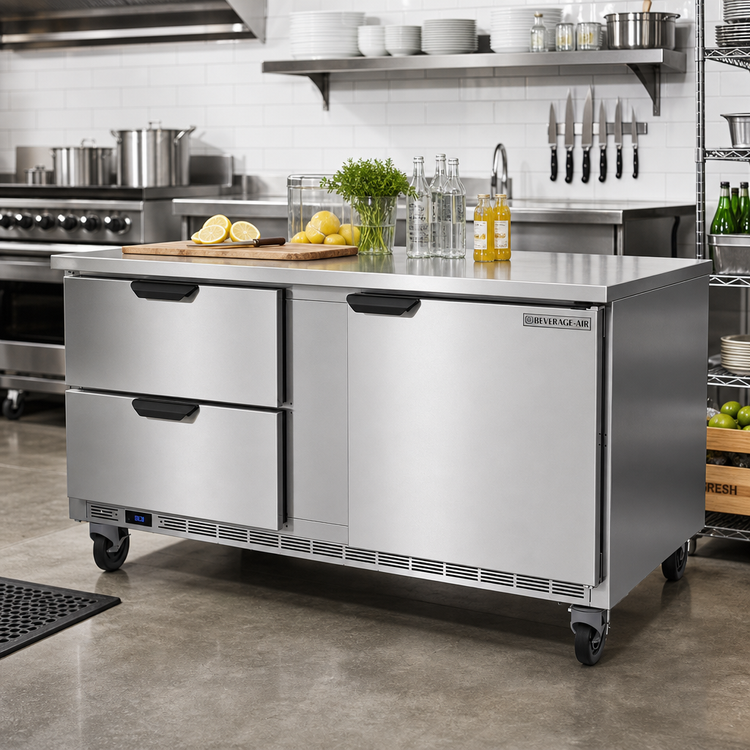 Product image #2 for Beverage-Air Two-Section Worktop Refrigerator with 2 Drawers and 1 Door, 60-Inch Flat Top