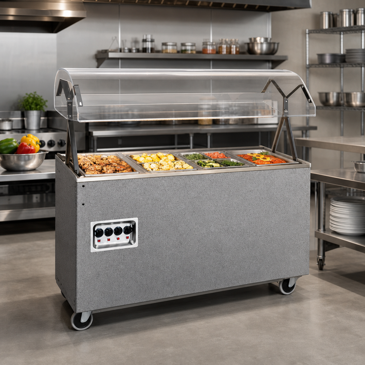 Product image #2 for Vollrath 2-Series Affordable Portable 3-Well Mobile Hot Food Station with Lighted Buffet Breath Guard and Enclosed Base