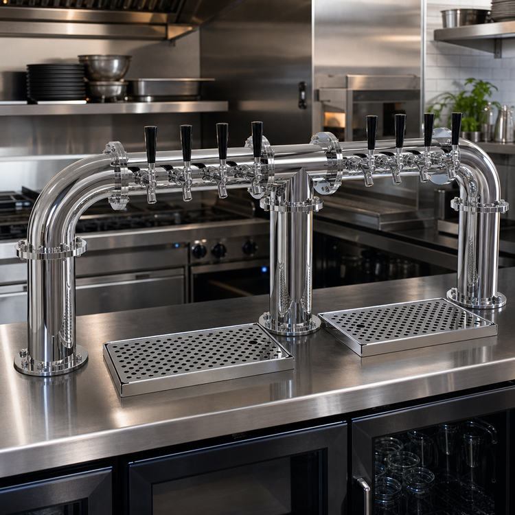 Product image #2 for Glastender 8-Faucet Stainless Steel Pipe Bridge Draft Dispensing Tower, Countertop, Air-Cooled, Mirror Finish