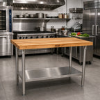 Thumbnail image #2 for John Boos SNS11A 108 x 30-Inch Wood Top Work Table, 1-3/4-Inch Edge Grain Maple Top, Stainless Steel Base, Adjustable Undershelf