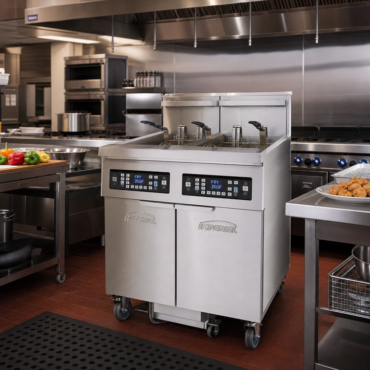Product image #2 for Imperial Electric 2-Tank Floor Fryer with 75 lb. Capacity Per Tank, Tilt-Up Elements, Computer Controls and Built-In Filter System