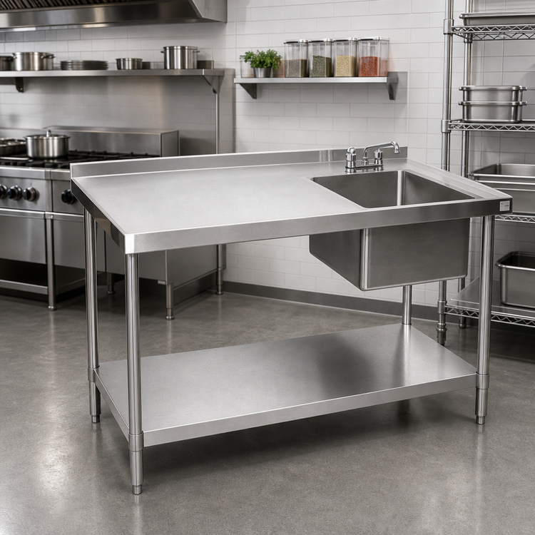 Product image #2 for 72-Inch x 24-Inch Stainless Steel Right-Side Prep Sink Work Table with Marine Edge, Backsplash, and Undershelf