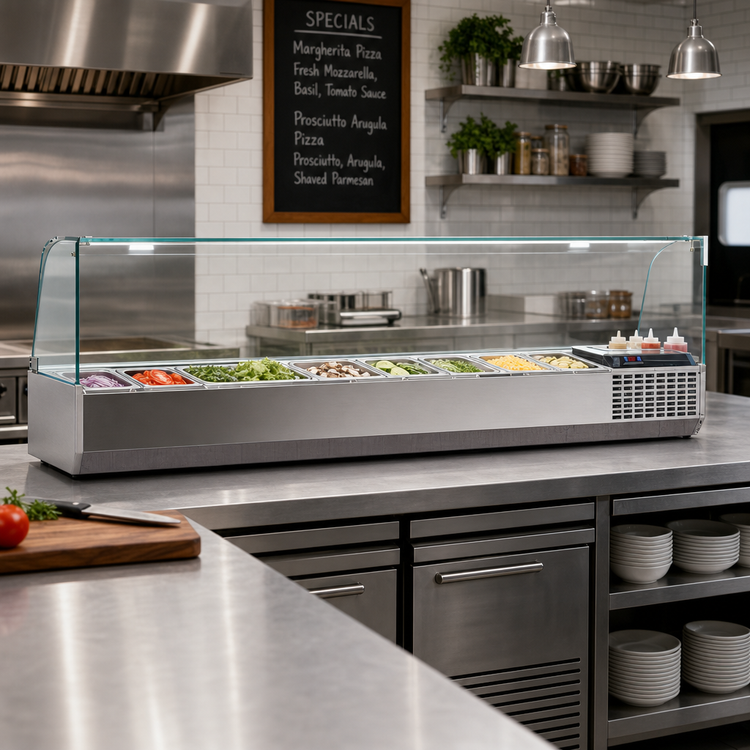 Product image #2 for Marra Forni GAC225 Refrigerated Countertop Condiment Rail with Glass Sneeze Guard, 88-Inch Wide, 10 x 1/3 Pan Capacity