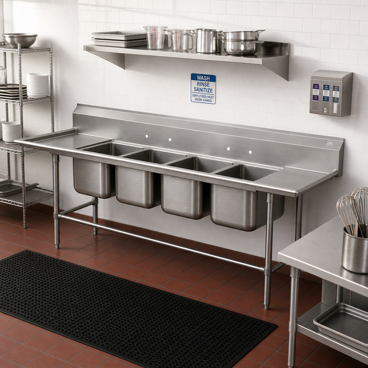 Product image #2 for Advance Tabco Regaline 4-Compartment Stainless Steel Sink with Left and Right Drainboards, 129 1/2-Inch