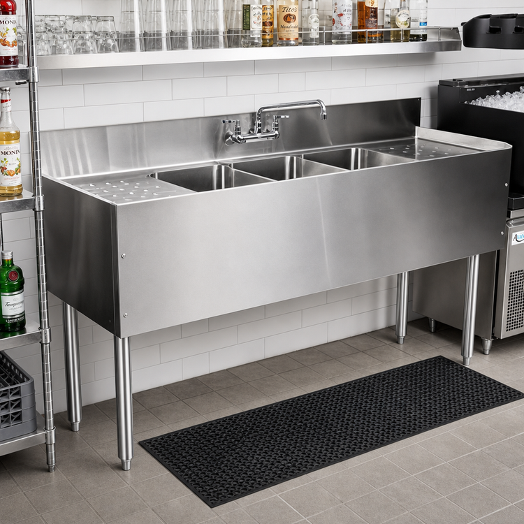 Product image #2 for Choice Four-Compartment Underbar Sink Unit with Dual Drainboards and Deck-Mount Faucet, 84 Inch W x 24 Inch D