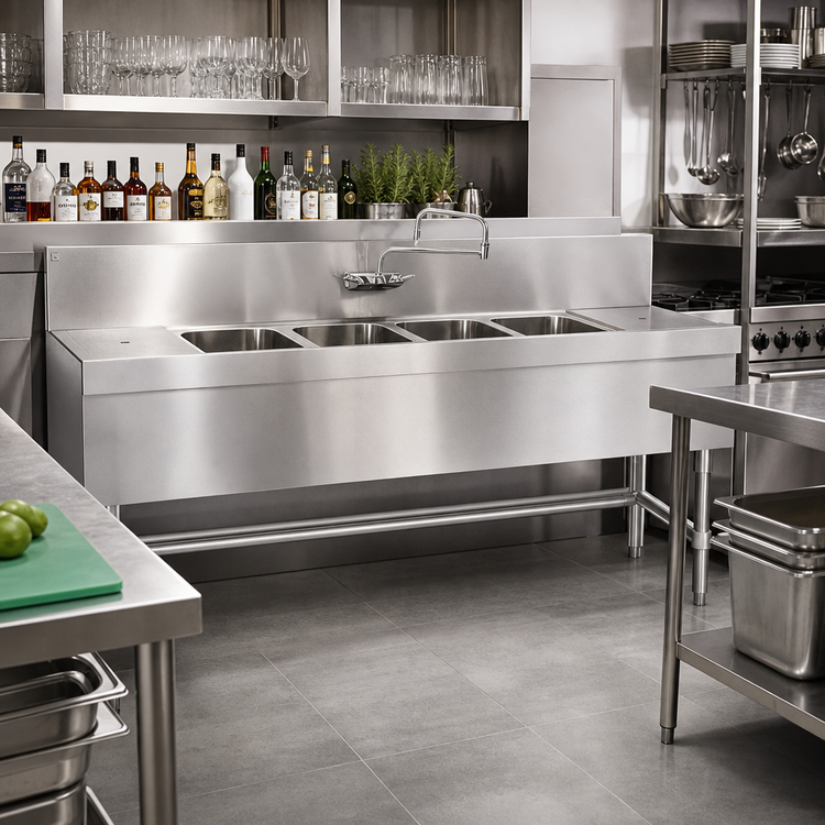 Product image #2 for Eagle Spec-Bar Four-Compartment Underbar Sink Unit with Right Drainboard, 66 Inch Wide x 24 Inch Deep