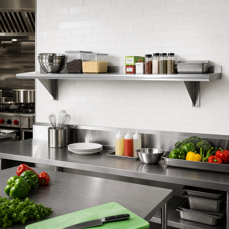Product image #2 for Advance Tabco 144" x 18" Wall-Mounted Stainless Steel Shelf, 16 Gauge, 304 Satin Finish
