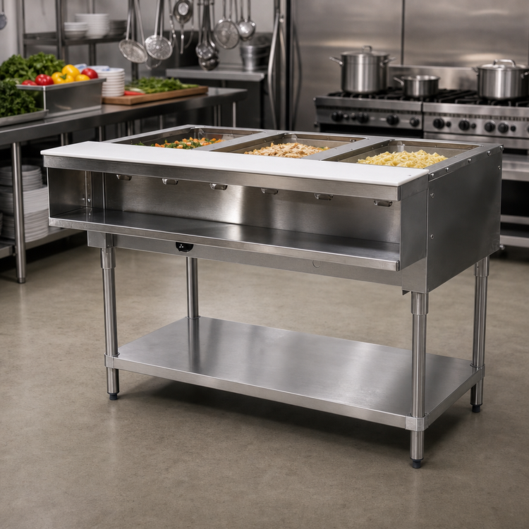 Product image #2 for Advance Tabco Triumph Supreme 3-Well Propane Water Bath Hot Food Table with Poly Cutting Board and Undershelf
