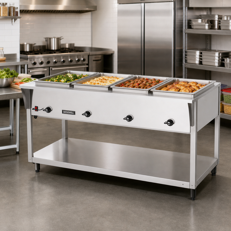 Product image #2 for ServeWell SL 4-Well Electric Hot Food Table with Open Shelf Base, 208-240V