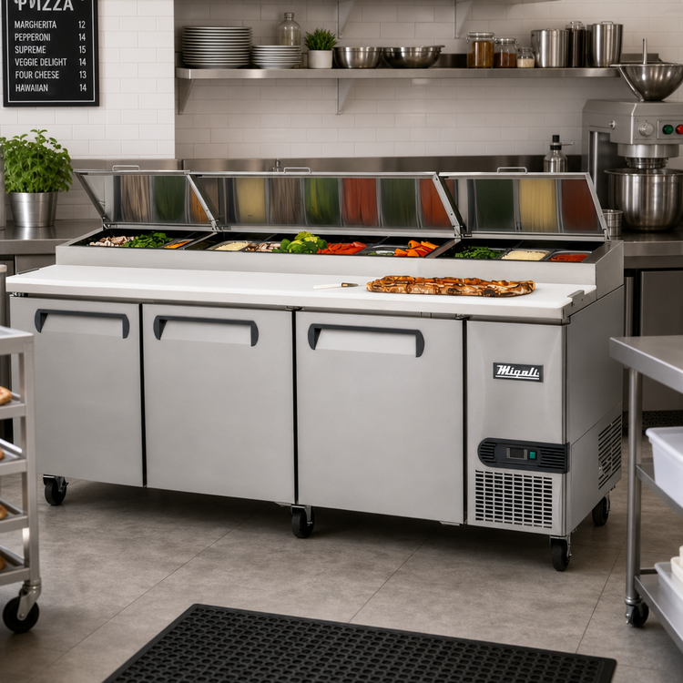 Product image #2 for Migali Competitor Series 93-Inch Three-Section Stainless Steel Refrigerated Counter/Pizza Prep Table with 3 Solid Doors