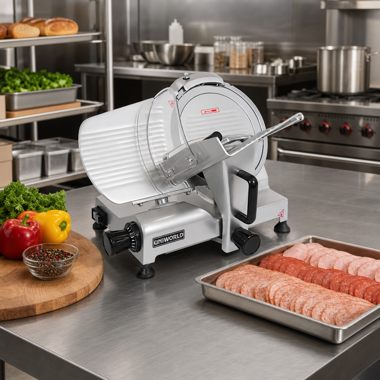 Product image #2 for Uniworld 12-Inch Manual Gravity Feed Belt-Driven Meat Slicer