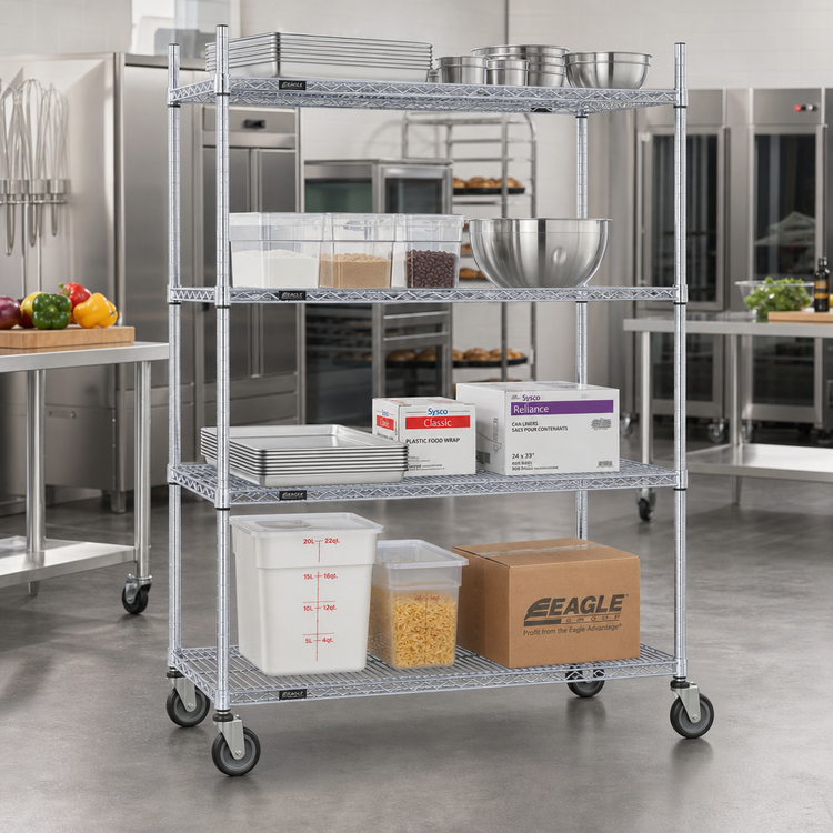 Product image #2 for EAGLEbrite 4-Tier Wire Shelving Dolly Truck, 60" W x 18" D, Zinc Finish, Poly Casters