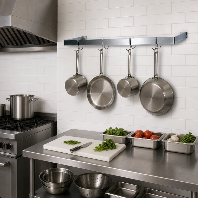 Product image #2 for BK Resources Wall-Mount Single Bar Pot Rack, 48 Inch x 12 Inch, 304 Stainless Steel, 4 Hooks