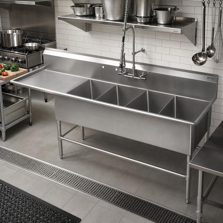Product image #2 for John Boos Pro-Bowl 4-Compartment Stainless Steel Sink with Left Drainboard, 12-Inch Deep Bowls