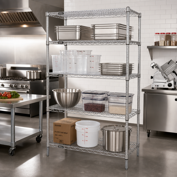 Product image #2 for Quantum 4-Shelf Stationary Wire Shelving Starter Kit, 42 x 24 x 63 Inches, 600-800 lb Capacity, 304 Stainless Steel
