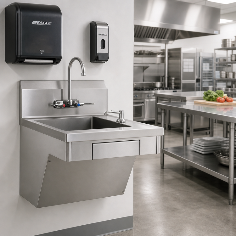 Product image #2 for Eagle Group ADA Wall-Mount 14-Inch Stainless Steel Hand Sink with Gooseneck Faucet, Skirt Assembly, Soap Dispenser, and Paper Towel Dispenser