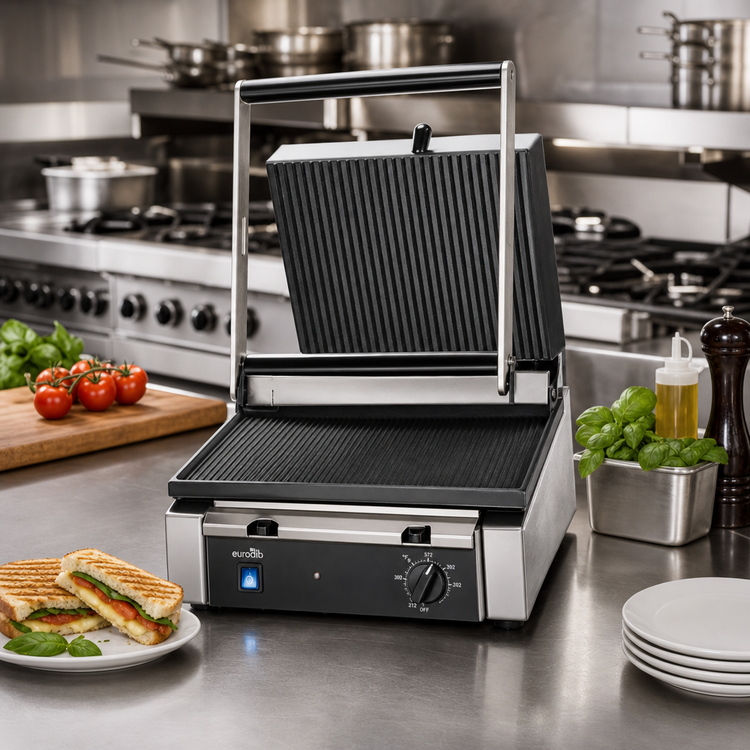 Product image #2 for Eurodib Commercial Single Panini Grill with Ribbed Cast Iron Plates, 14.5 x 10 Inch, 110V