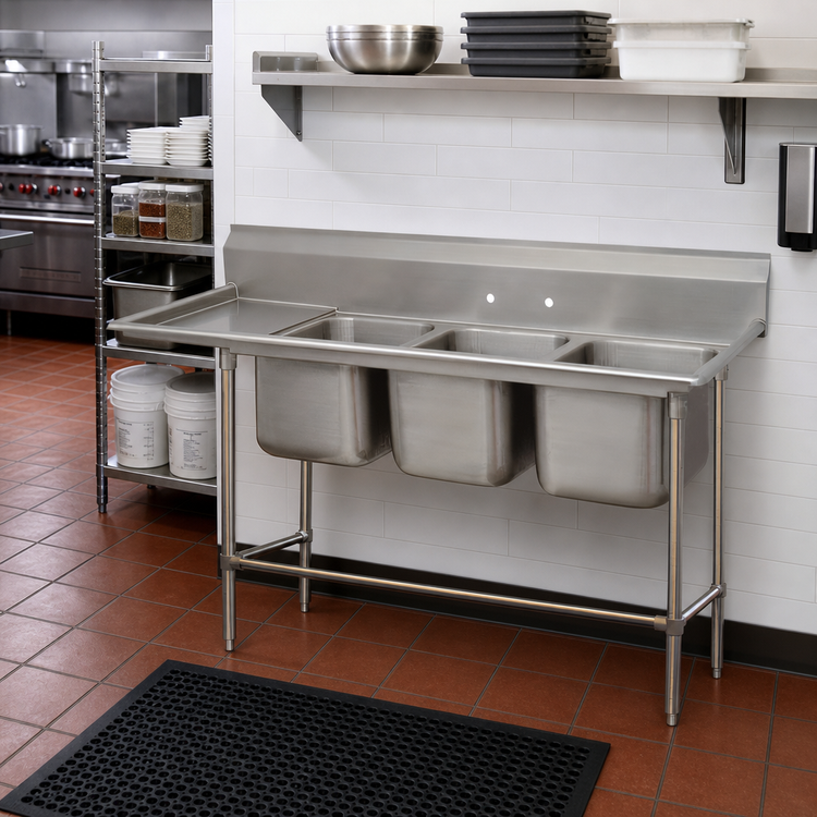 Product image #2 for Advance Tabco Regaline Deep Drawn 3-Compartment Sink with Left-Hand Drainboard, 36-Inch Drainboard, 14-Gauge 304 Stainless Steel