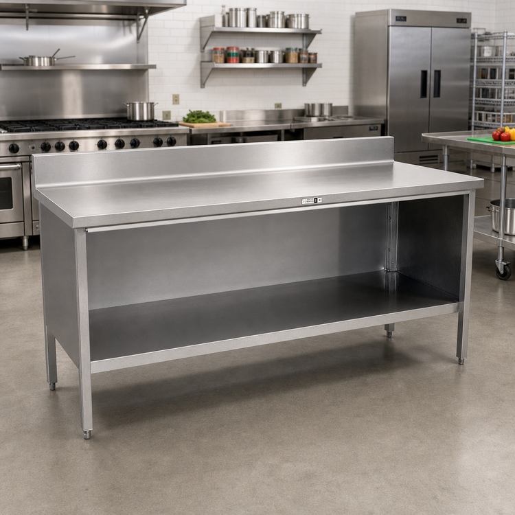 Product image #2 for Enclosed Base Open Front Work Table, 120 Inch W x 24 Inch D, 14 Gauge Stainless Steel Top, 5 Inch Backsplash