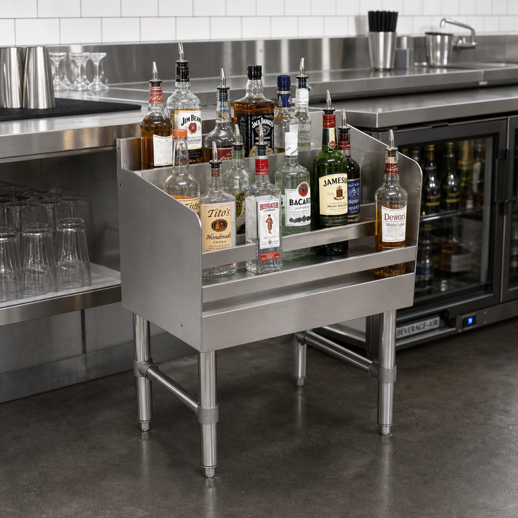 Product image #2 for John Boos Slim-Line Freestanding Underbar Liquor Bottle Display Unit, 3-Step, 18 x 18 x 32-1/2 Inches, Stainless Steel