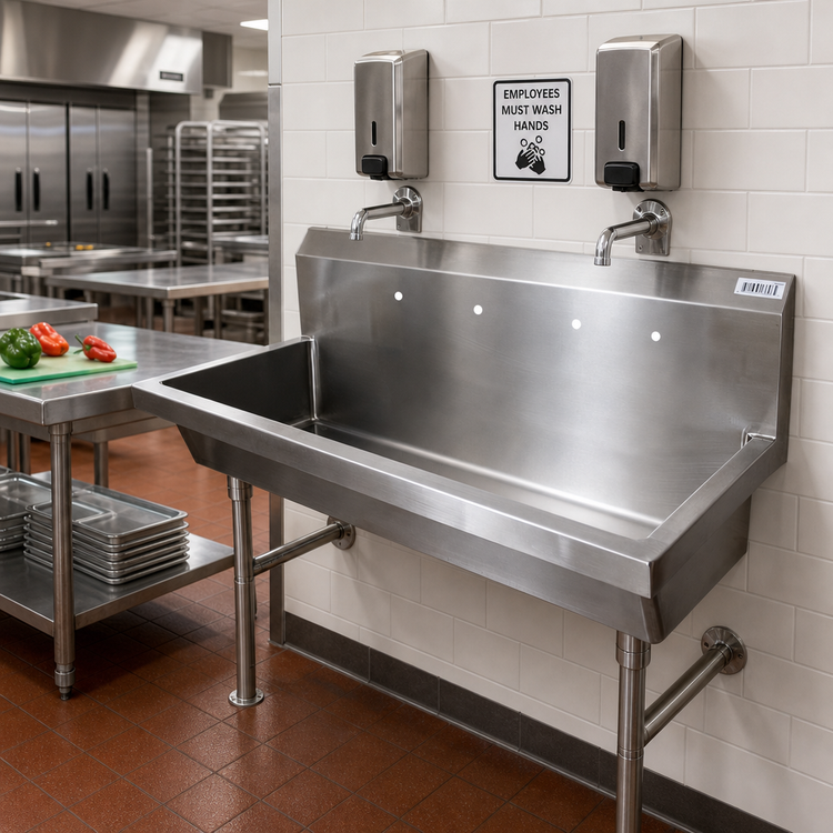 Product image #2 for BK Resources Two-Station Wall-Mounted Hand Wash Sink with 8-Inch Deep Bowl, 48 Inches Wide, 304 Stainless Steel