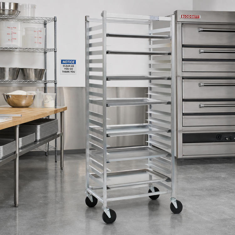 Product image #2 for Panco Mobile Full-Height Stainless Steel Utility Rack with 11 Slides for 18 x 26 Inch Trays, Open Sides, Side Loading