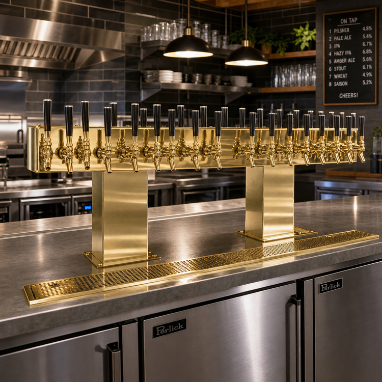 Product image #2 for Perlick 32-Faucet Back-to-Back Bridge Tee Glycol-Cooled Countertop Draft Beer Tower, Brass Finish
