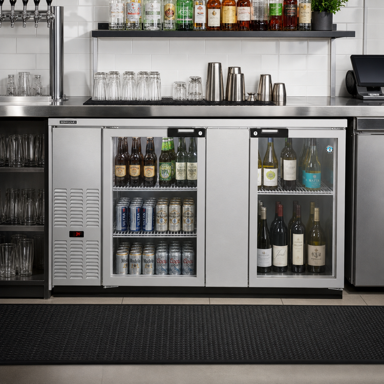 Product image #2 for Hoshizaki BB69-G-S 69.5-Inch Two-Section Stainless Steel Back Bar Cooler with Glass Swing Doors