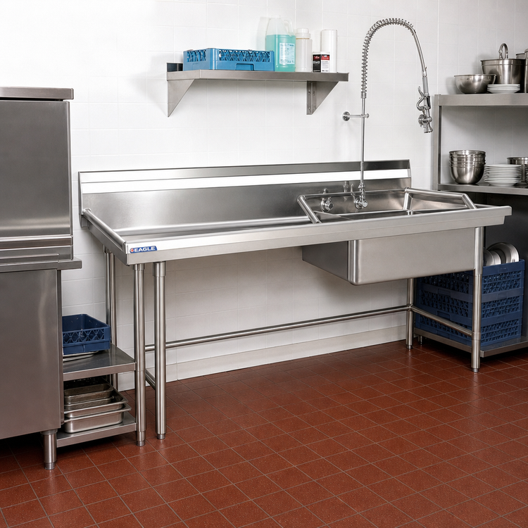 Product image #2 for Eagle Group 96-Inch Straight Soiled Dishtable with 8-Inch Backsplash and Pre-Rinse Sink