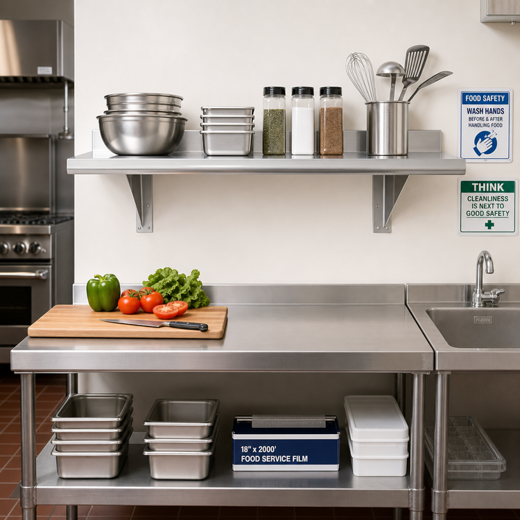 Product image #2 for Advance Tabco 36"W x 10"D Wall-Mounted 304 Stainless Steel Wall Shelf, 16-Gauge Satin Finish