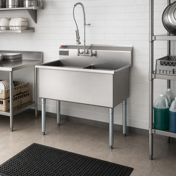 Product image #2 for Eagle Group Two-Compartment Utility Sink, 49-3/8 Inch W x 22 Inch D, 16 Gauge 430 Stainless Steel, Galvanized Legs