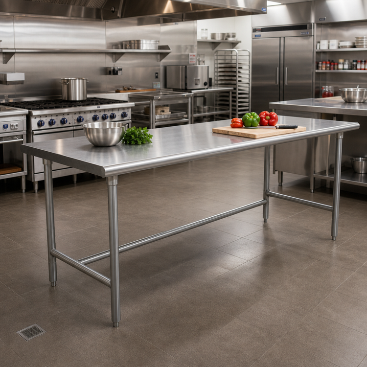 Product image #2 for Advance Tabco 120"W x 36"D Open Base Stainless Steel Work Table, 16-Gauge 430 Top, Galvanized Legs