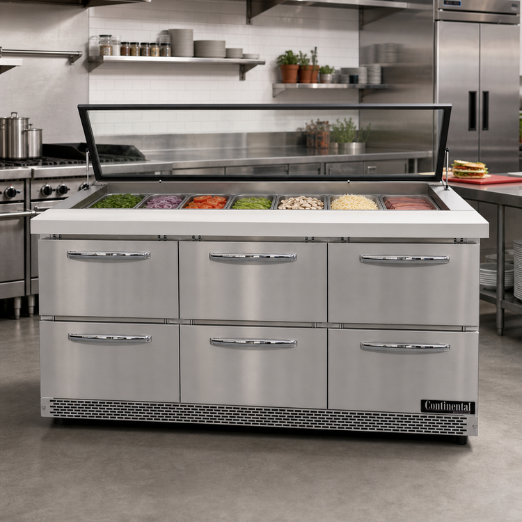 Product image #2 for Continental Refrigerator Mighty Top 72" Three-Section Sandwich Unit Refrigerator with Hinged Glass Lid, Front Breather, and 6 Drawers