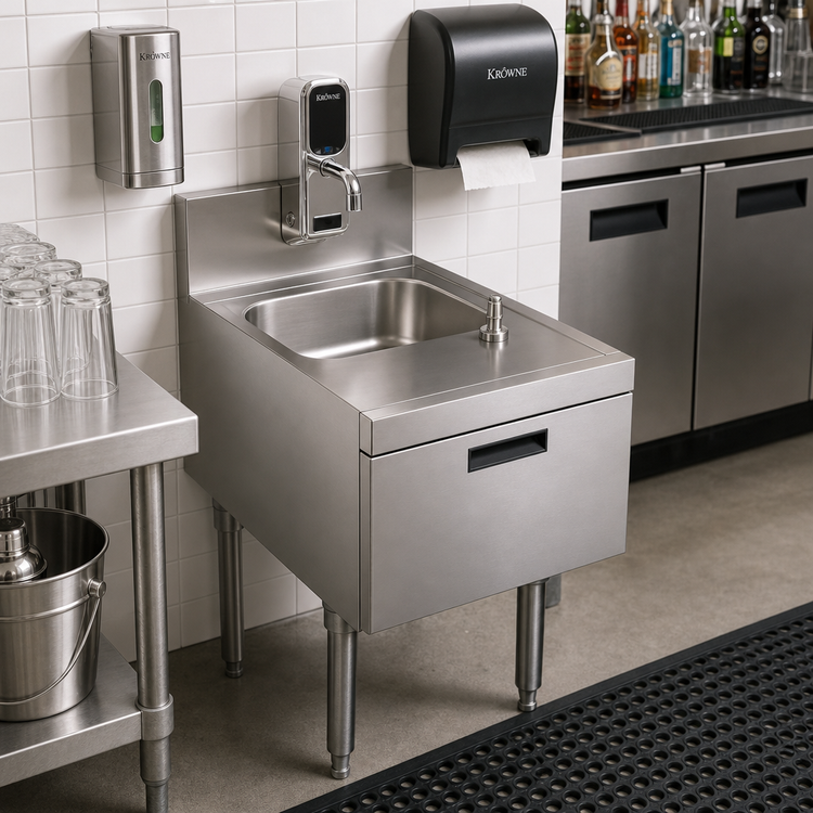 Product image #2 for Krowne Royal Series 18-Inch Freestanding Underbar Hand Sink Unit with Electronic Faucet and Soap/Towel Dispensers