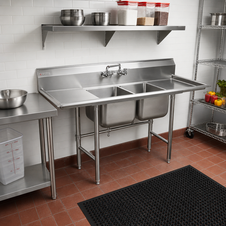 Product image #2 for Eagle Group 412 Series Two-Compartment Sink with Left Drainboard, 430 Stainless Steel, 62-5/8 Inch Wide