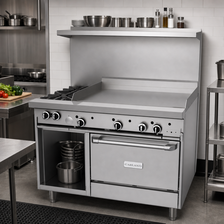 Product image #2 for Garland G Starfire Pro Series 48-Inch Gas Restaurant Range with 2 Open Burners, 36-Inch Griddle, Standard Oven and Storage Base