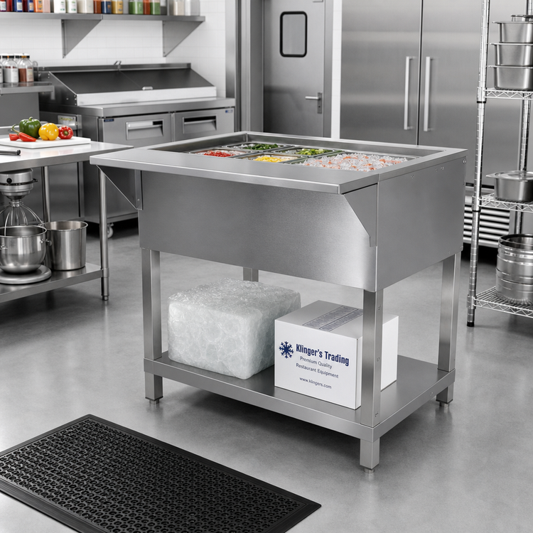 Product image #2 for Klinger's Trading CP5 Stationary Ice-Cooled 5-Pan Cold Pan Table with Stainless Steel Top, 78 Inch Wide