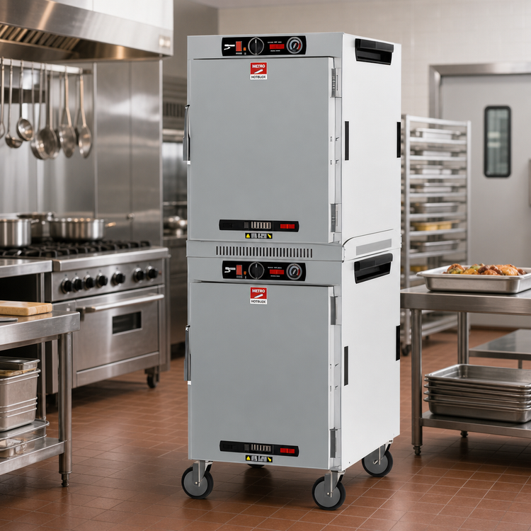 Product image #3 for Metro HotBlox Wide 16-Pan Stacked Dual Cavity Mobile Insulated Holding Cabinet with Solid Doors and Analog Controls