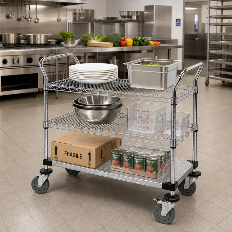 Product image #2 for Quantum 36-Inch x 21-Inch 3-Shelf Chrome-Plated Utility Bus Cart