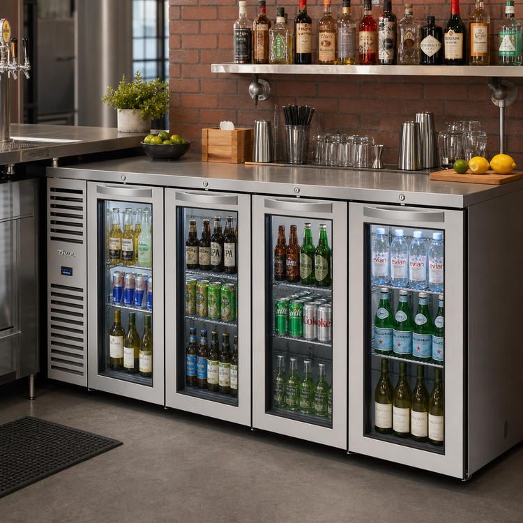 Product image #2 for True Premier Bar Four-Section Refrigerated Back Bar Cooler with 4 Locking Glass Doors, 92-Inch Wide