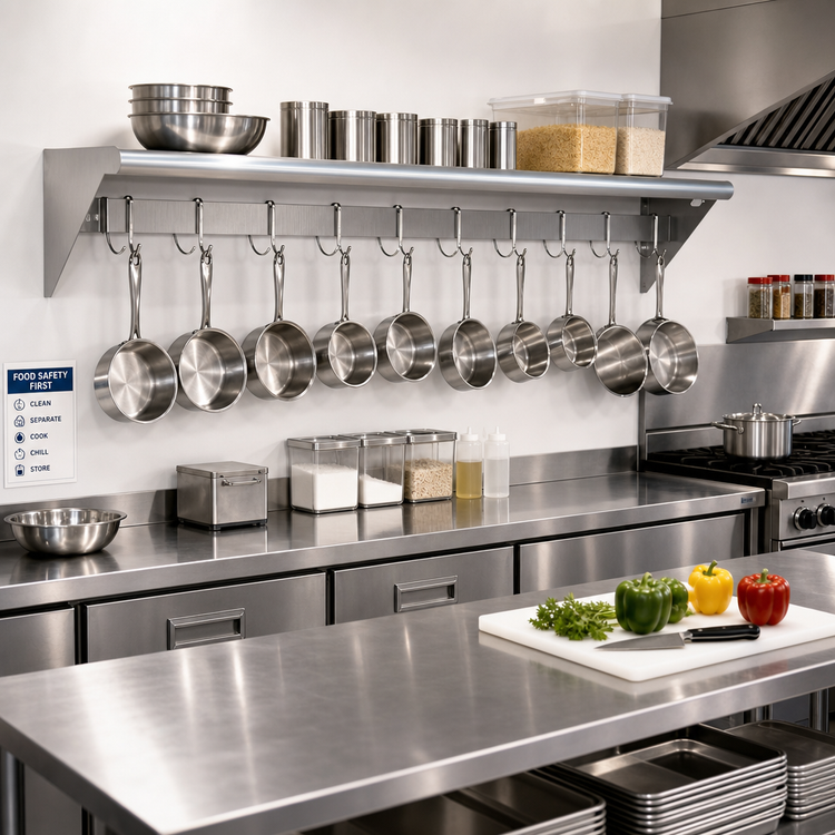 Product image #2 for Wall-Mounted Commercial Overshelf with Pot Rack, 84 Inch W x 12 Inch D