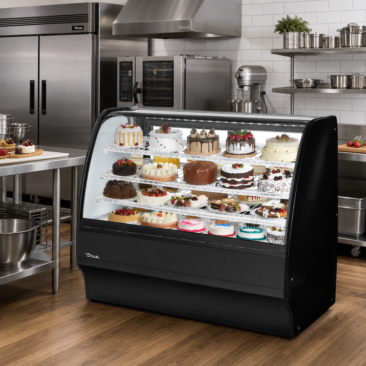 Product image #2 for True 59-1/4 Inch Full-Service Curved Glass Refrigerated Bakery Display Case, Self-Contained R290, Black Exterior/White Interior