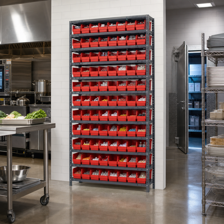 Product image #2 for Quantum Heavy-Duty Stationary Wire Shelving Unit with 13 Shelves and 96 Bins, 36"W x 12"D x 75"H