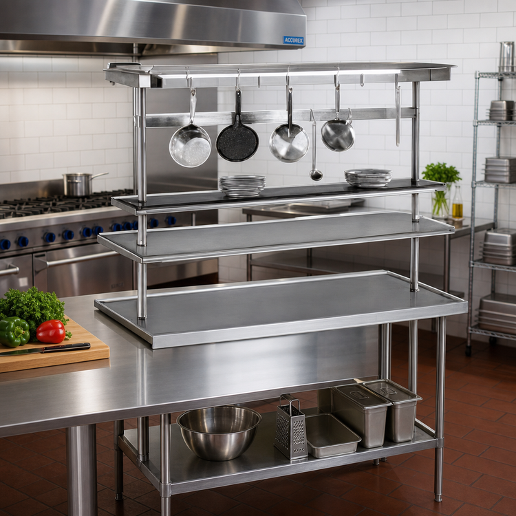 Product image #2 for Advance Tabco Adjustable 48-Inch Table-Mounted Stainless Steel Utensil Rack with 6 Plated Pot Hooks