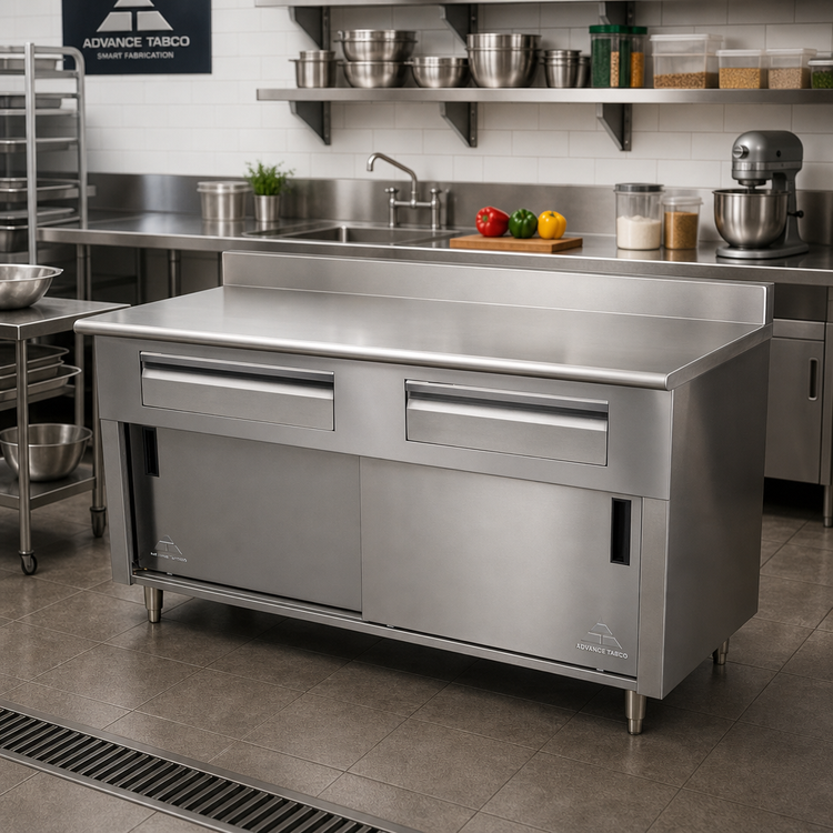 Product image #2 for Advance Tabco 72-Inch x 30-Inch 14-Gauge 304 Stainless Steel Enclosed Storage Cabinet Work Table with 5-Inch Backsplash, Drawers, and Sliding Doors