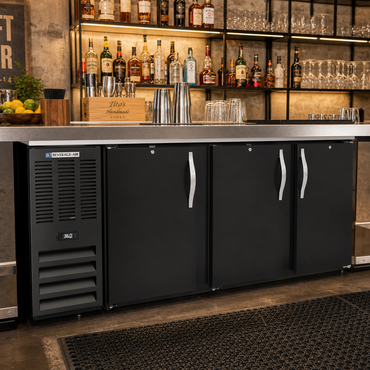 Product image #2 for Beverage-Air BB78HC-B 78-Inch Three-Section Solid-Door Back Bar Cooler with Self-Contained R290 Cooling
